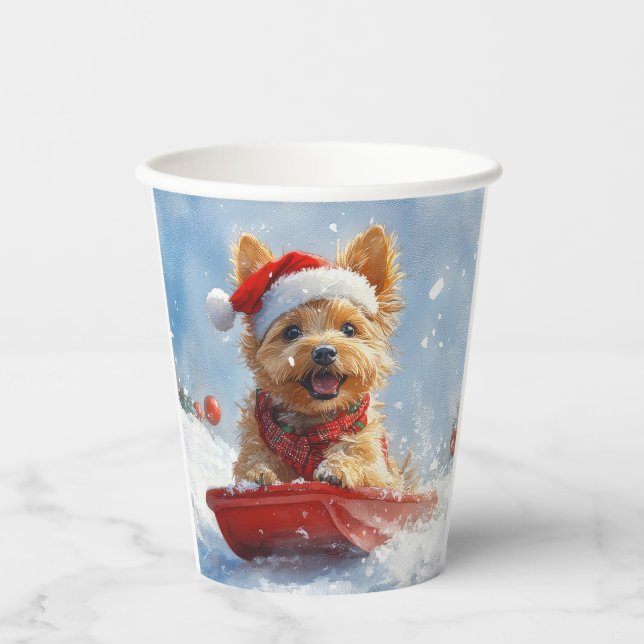 Australian Terrier in Sledge Let it Snow Christmas Paper Cups (Front)