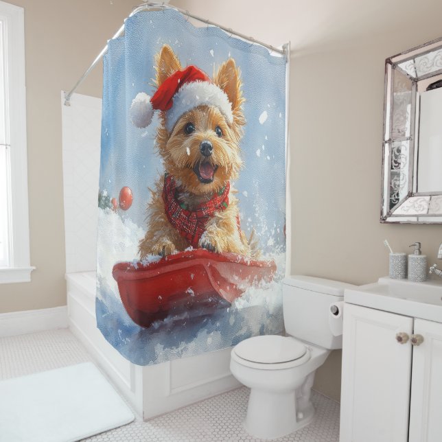 Australian Terrier in Sledge Let it Snow Christmas Shower Curtain (In Situ)