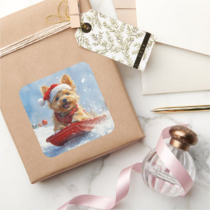 Australian Terrier in Sledge Let it Snow Christmas Square Sticker