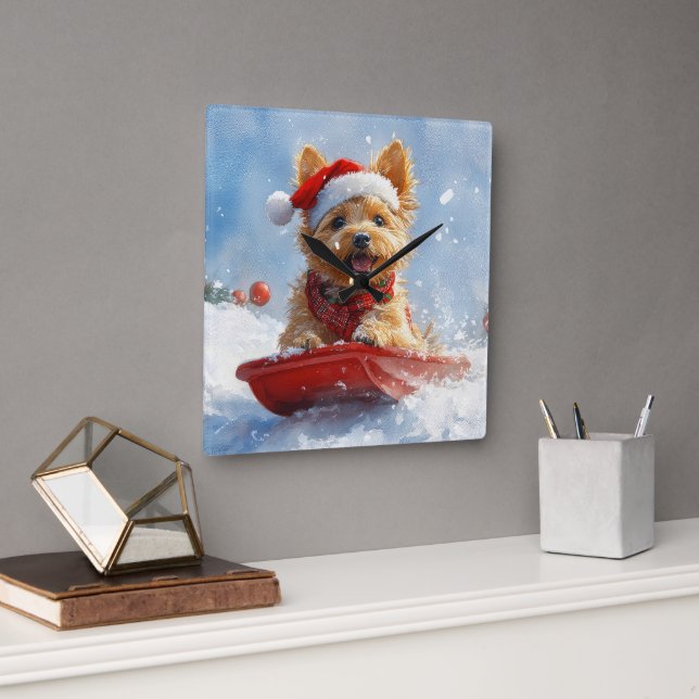 Australian Terrier in Sledge Let it Snow Christmas Square Wall Clock (Office)