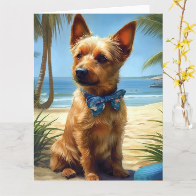 Australian Terrier On Beach dog lover summer gift Card (Yellow Flower)