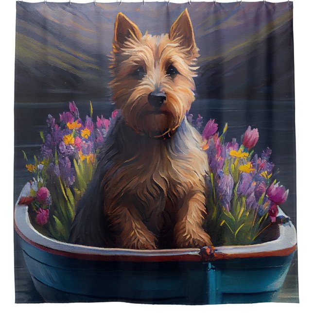 Australian Terrier on Paddle: A Scenic Adventure Shower Curtain (Front)