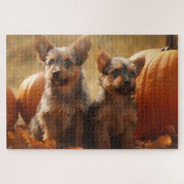 Australian Terrier Puppy Autumn Delight Pumpkin Jigsaw Puzzle (Horizontal)