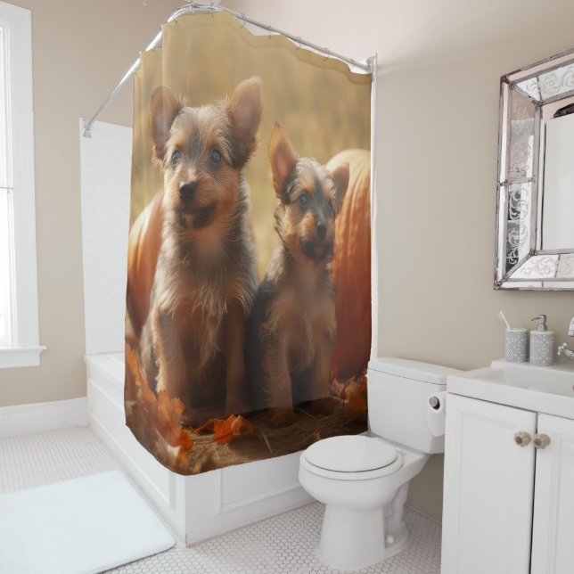 Australian Terrier Puppy Autumn Delight Pumpkin Shower Curtain (In Situ)
