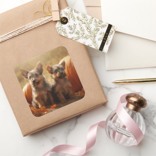 Australian Terrier Puppy Autumn Delight Pumpkin Square Sticker (Gifting)