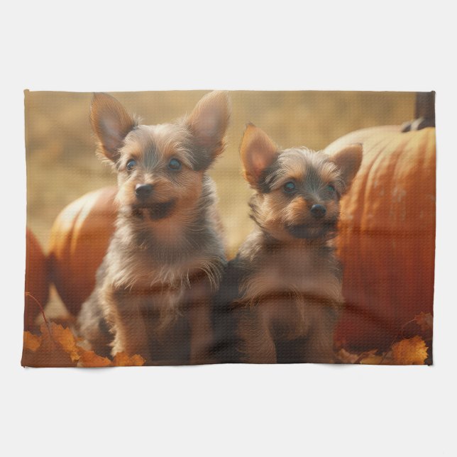 Australian Terrier Puppy Autumn Delight Pumpkin Tea Towel (Horizontal)