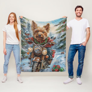 Australian Terrier Riding Motorcycle Christmas Fleece Blanket