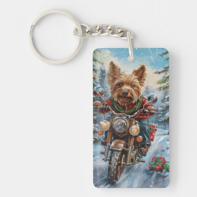 Australian Terrier Riding Motorcycle Christmas Key Ring (Front)