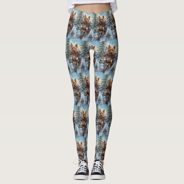 Australian Terrier Riding Motorcycle Christmas Leggings (Front)