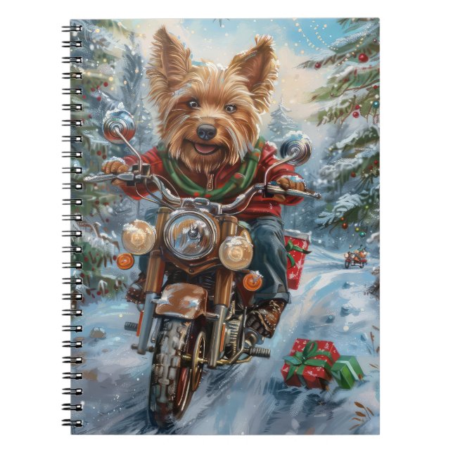 Australian Terrier Riding Motorcycle Christmas Notebook (Front)