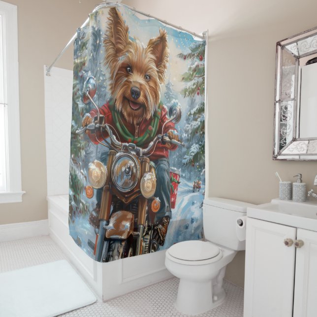 Australian Terrier Riding Motorcycle Christmas Shower Curtain (In Situ)