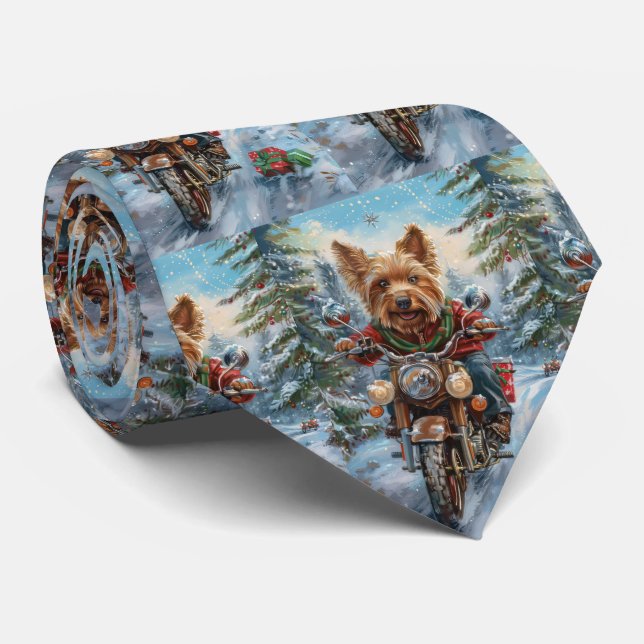 Australian Terrier Riding Motorcycle Christmas Tie (Rolled)