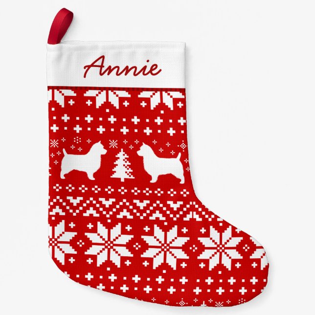 Australian Terrier Silhouettes Dogs Holiday Red Small Christmas Stocking (Front)