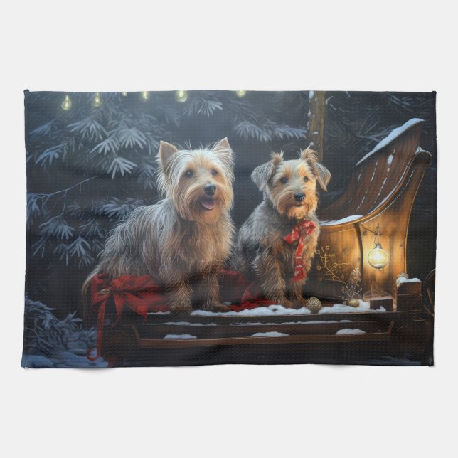 Australian Terrier Snowy Sleigh Christmas Decor  Tea Towel (Horizontal)