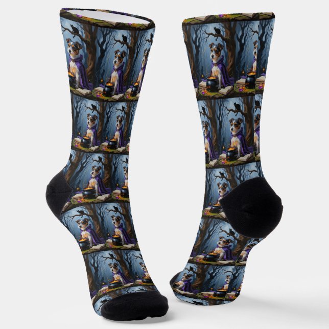 Australian Terrier Whimsical Halloween Painting Socks (Angled)