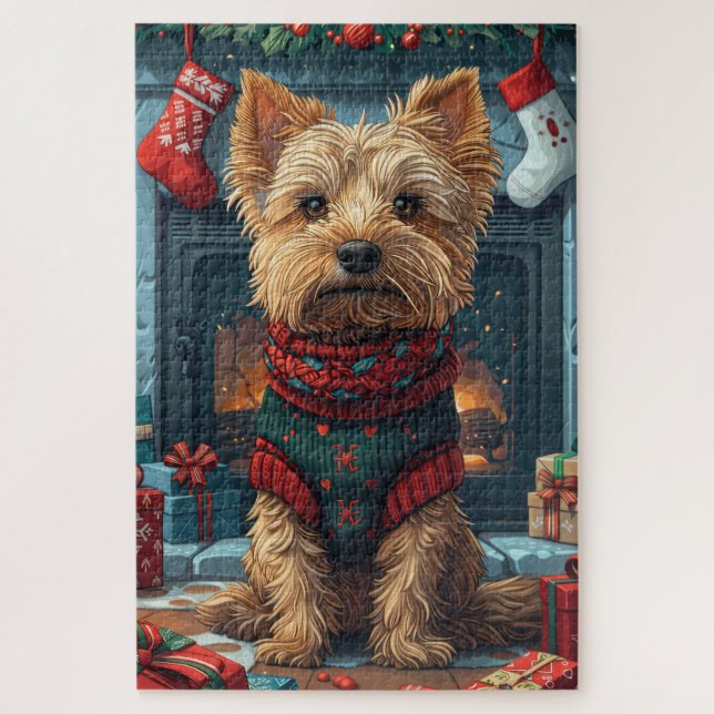 Australian Terrier With Christmas Gifts Fireplace Jigsaw Puzzle (Vertical)