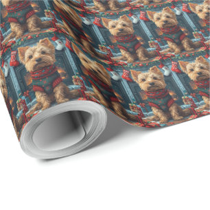 Australian Terrier With Christmas Gifts Fireplace Wrapping Paper
