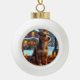 Australian Terrier With Christmas Lights Holiday Ceramic Ball Christmas Ornament