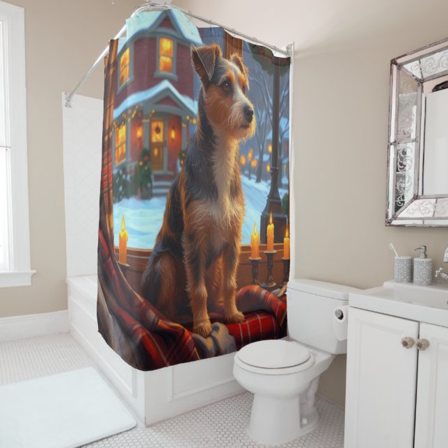 Australian Terrier With Christmas Lights Holiday Shower Curtain (In Situ)