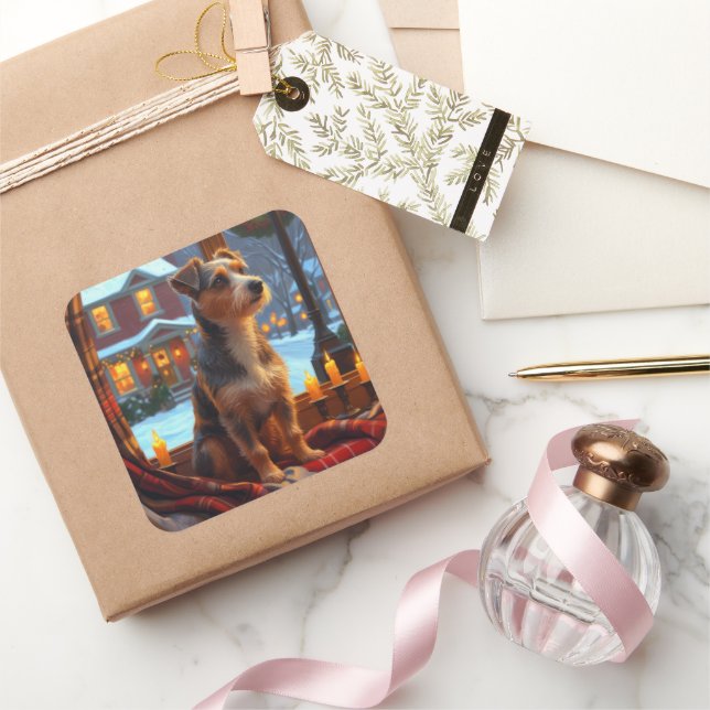 Australian Terrier With Christmas Lights Holiday Square Sticker (Gifting)