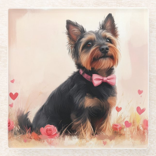 Australian Terrier with Roses - Valentine's Day Glass Coaster (Front)