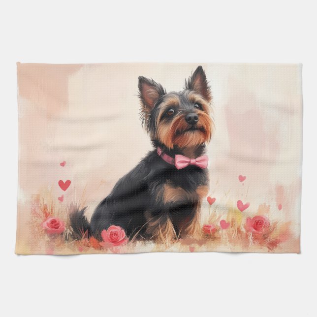 Australian Terrier with Roses - Valentine's Day Tea Towel (Horizontal)