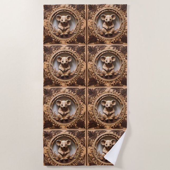 Australian Tree Hugger: Koala Bear Wood Print Beach Towel (Front)