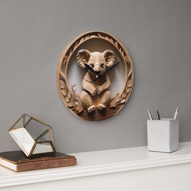 Australian Tree Hugger: Koala Bear Wood Print Large Clock (Office)