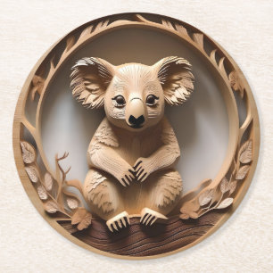 Australian Tree Hugger: Koala Bear Wood Print Round Paper Coaster