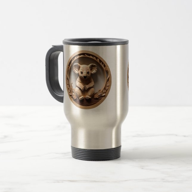 Australian Tree Hugger: Koala Bear Wood Print Travel Mug (Front Left)