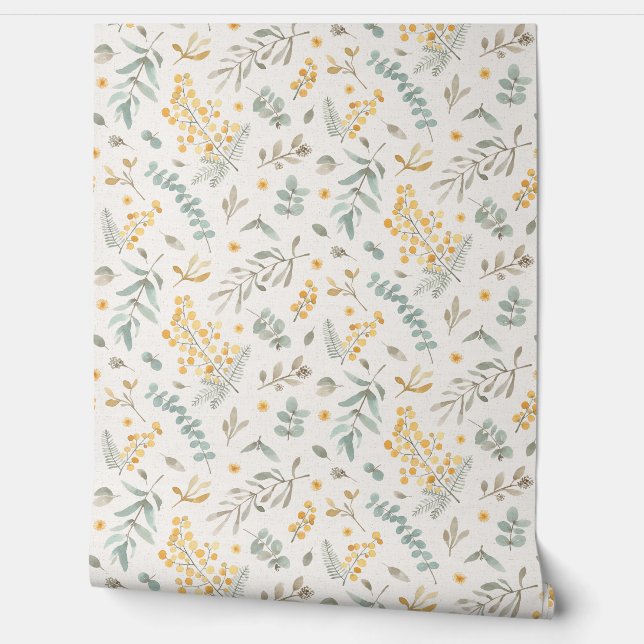 Australian wattle and eucalyptus watercolor floral wallpaper (Unrolling)