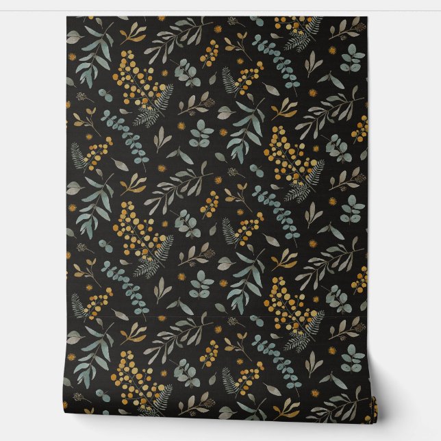 Australian wattle eucalyptus floral black wallpaper (Unrolling)