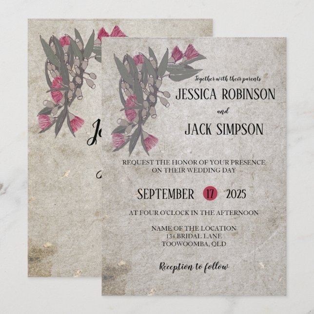Australian Wildflowers Gum Tree Wedding Invites (Front/Back)
