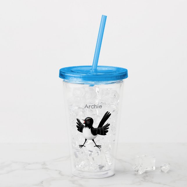 Australian Willie Wagtail cartoon personalised Acrylic Tumbler (Back Ice)