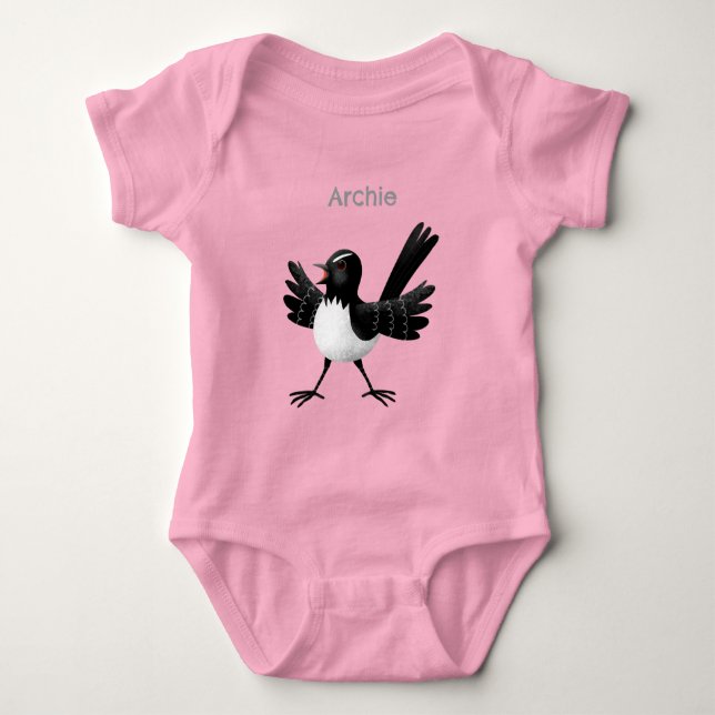 Australian Willie Wagtail cartoon personalised Baby Bodysuit (Front)