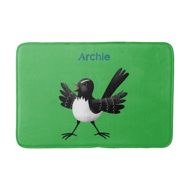 Australian Willie Wagtail cartoon personalised Bath Mat (Front)