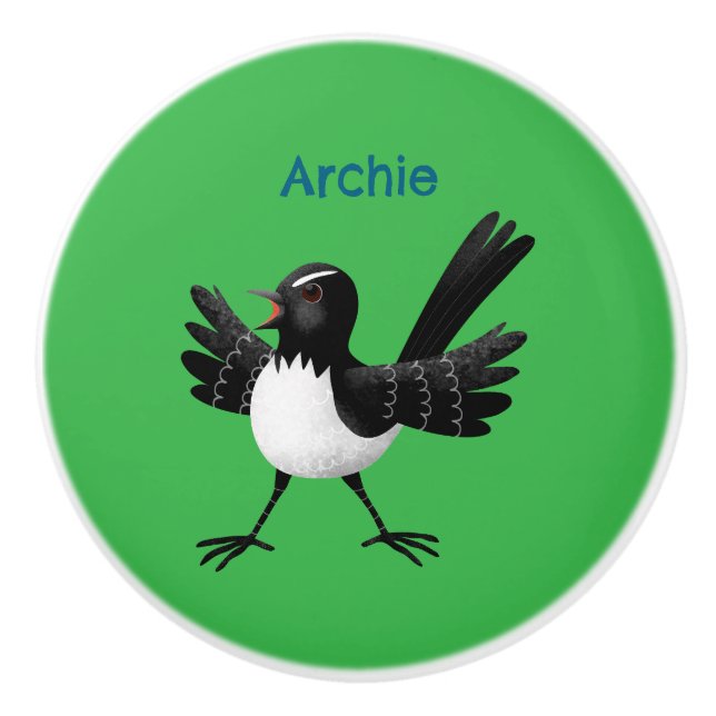 Australian Willie Wagtail cartoon personalised Ceramic Knob (Front)