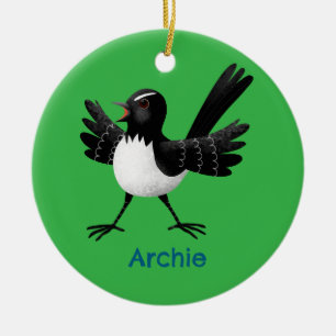 Australian Willie Wagtail cartoon personalised Ceramic Tree Decoration