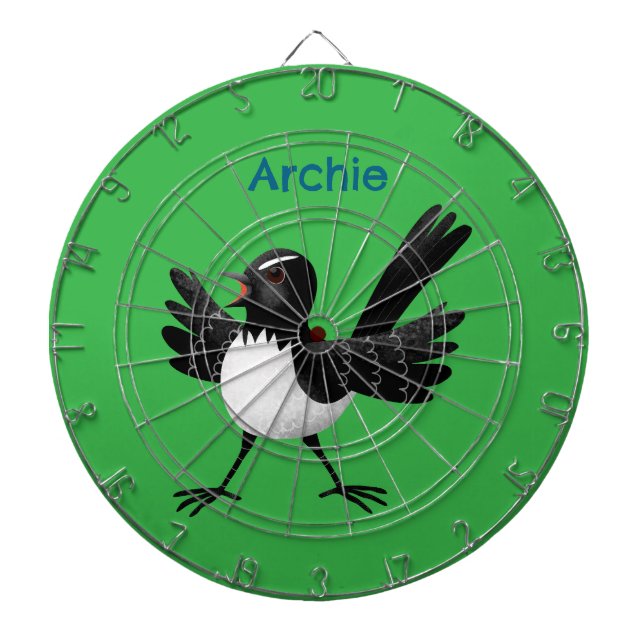 Australian Willie Wagtail cartoon personalised Dartboard (Front)