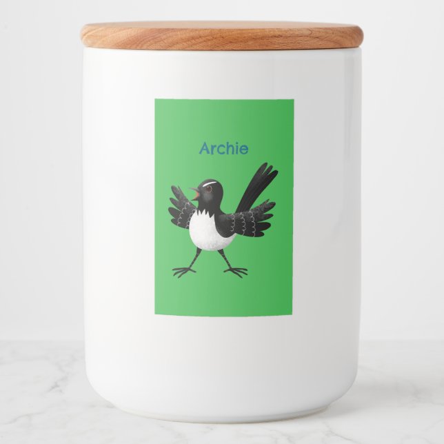 Australian Willie Wagtail cartoon personalised Food Label (Front)