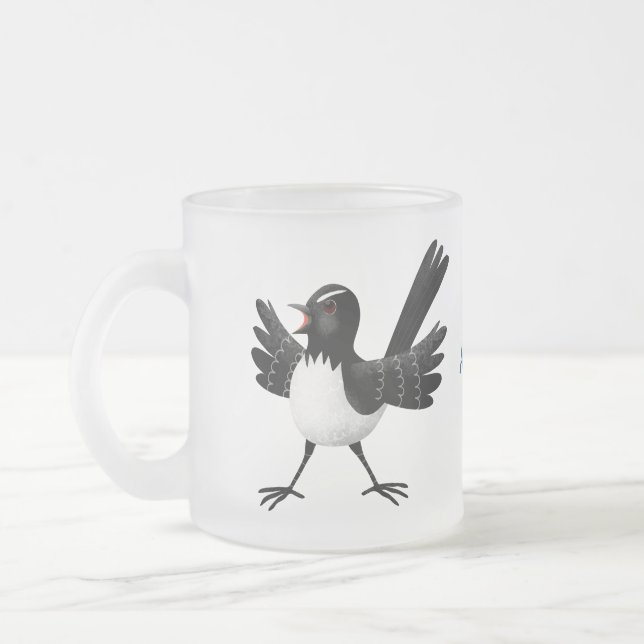 Australian Willie Wagtail cartoon personalised Frosted Glass Coffee Mug (Left)