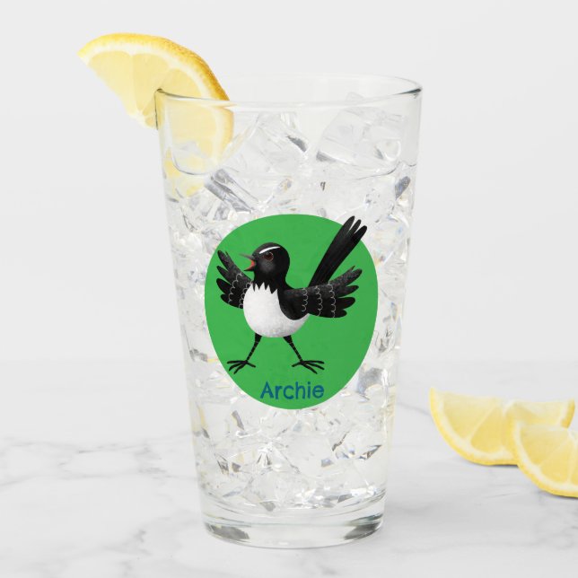 Australian Willie Wagtail cartoon personalised Glass (Front Ice)