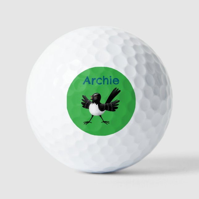Australian Willie Wagtail cartoon personalised Golf Balls (Front)