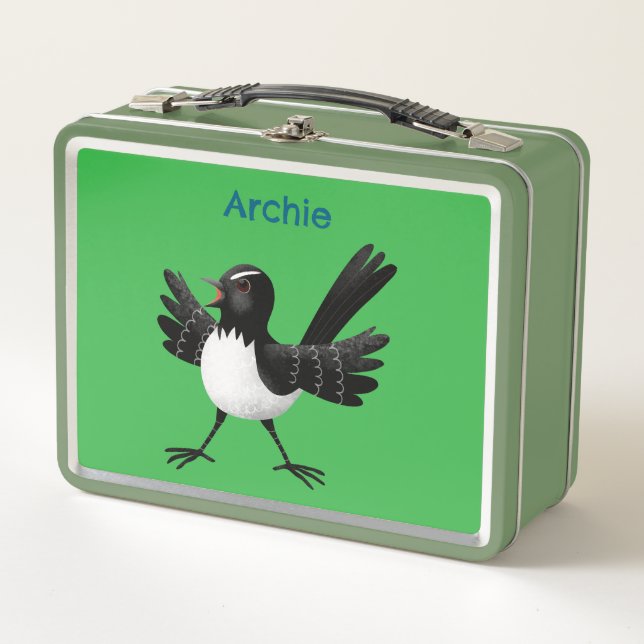 Australian Willie Wagtail cartoon personalised Metal Lunch Box (Front)