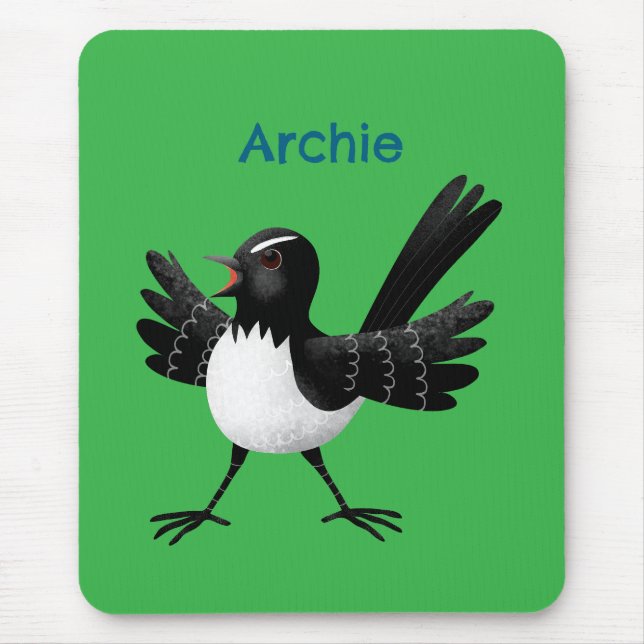 Australian Willie Wagtail cartoon personalised Mouse Mat (Front)
