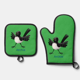 Australian Willie Wagtail cartoon personalised Oven Mitt & Pot Holder Set