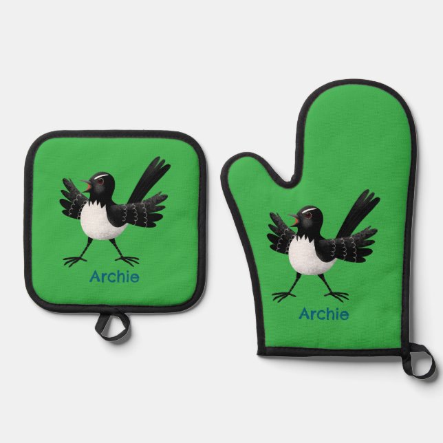 Australian Willie Wagtail cartoon personalised Oven Mitt & Pot Holder Set (Front)
