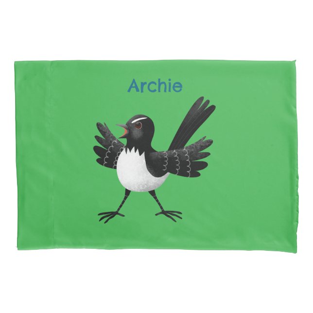 Australian Willie Wagtail cartoon personalised Pillowcase (Front)