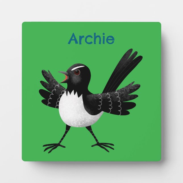 Australian Willie Wagtail cartoon personalised Plaque (Front)
