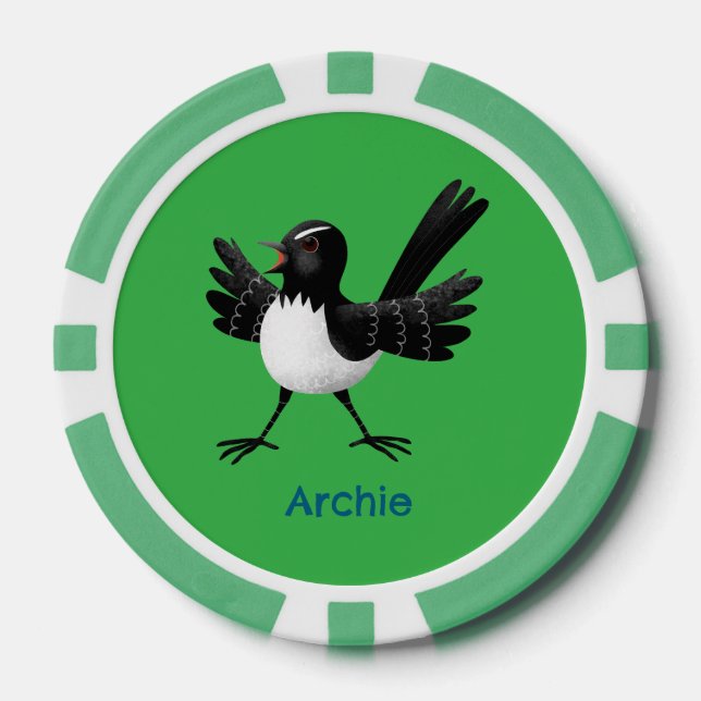 Australian Willie Wagtail cartoon personalised Poker Chips (Front)